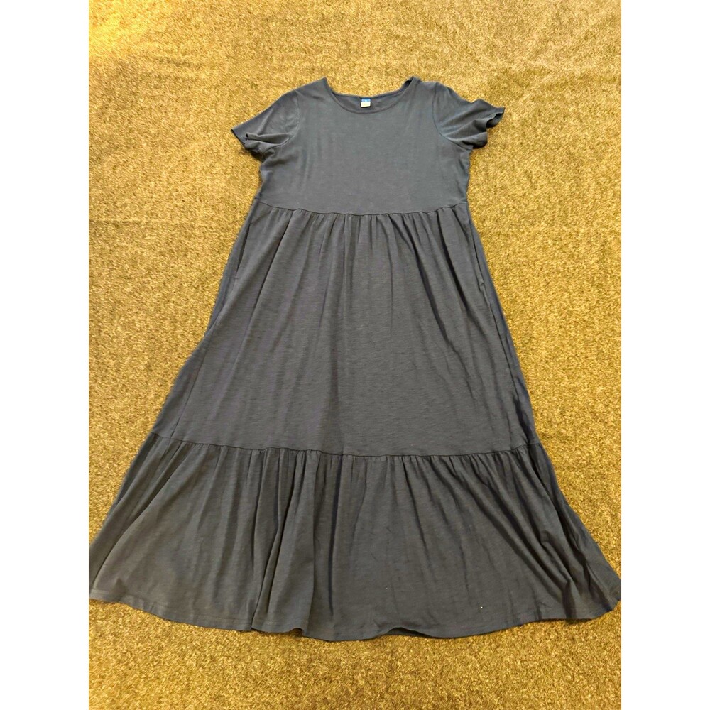 Old Navy Solid Knit T-Shirt Midi Dress Blue Round Neck Pockets Short Sleeve L
